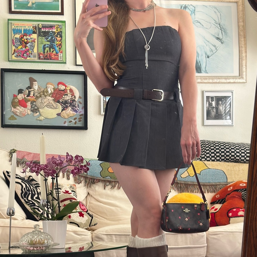 Strapless Graphite Grey Pleated Mini Dress
